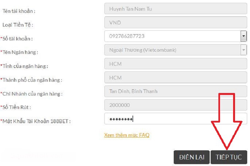 Điền thông tin cho biểu mẫu rút tiền